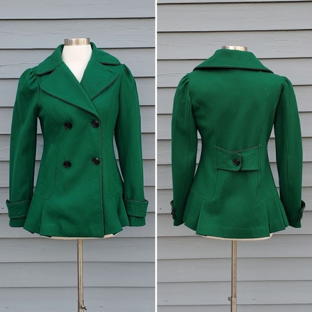 Vintage y2k Steve Madden Kelly Green Pleated Riding Jacket‎ Peacoat Pea Coat Sm